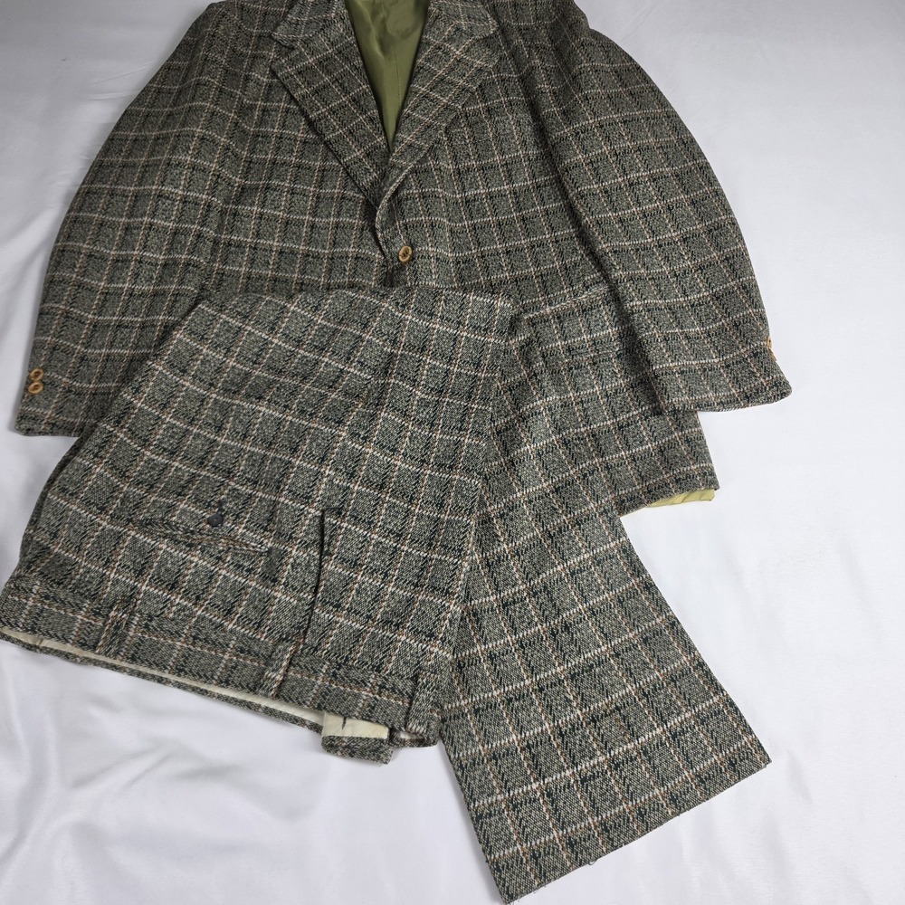 Vtg 70s Green Plaid Polyester Retro Suit 2 Pc Blazer 42R, 38 X 31